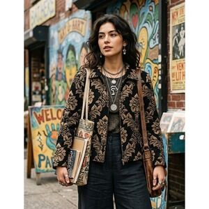 VTG First Option Tapestry Jacket Women L Black Gold Damask Floral Zip Up Boho